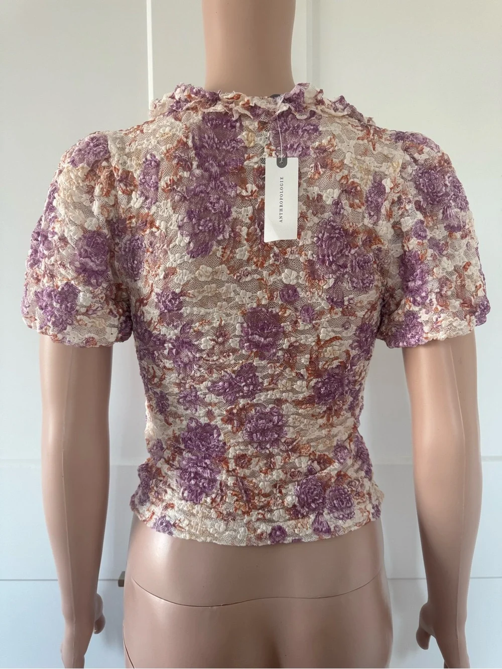 Anthropologie Purple Cream Lace Floral Ruffle Tie Puffy Sleeves Sheer Top XXS